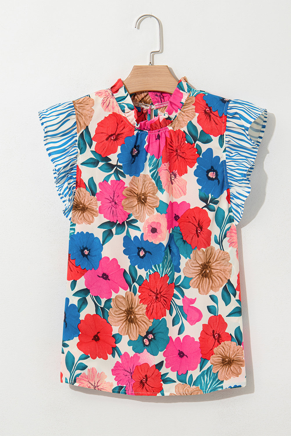 Sky Blue Floral Mock Neck Striped Flutter Sleeve Blouse Dear-Lover Dropshipping