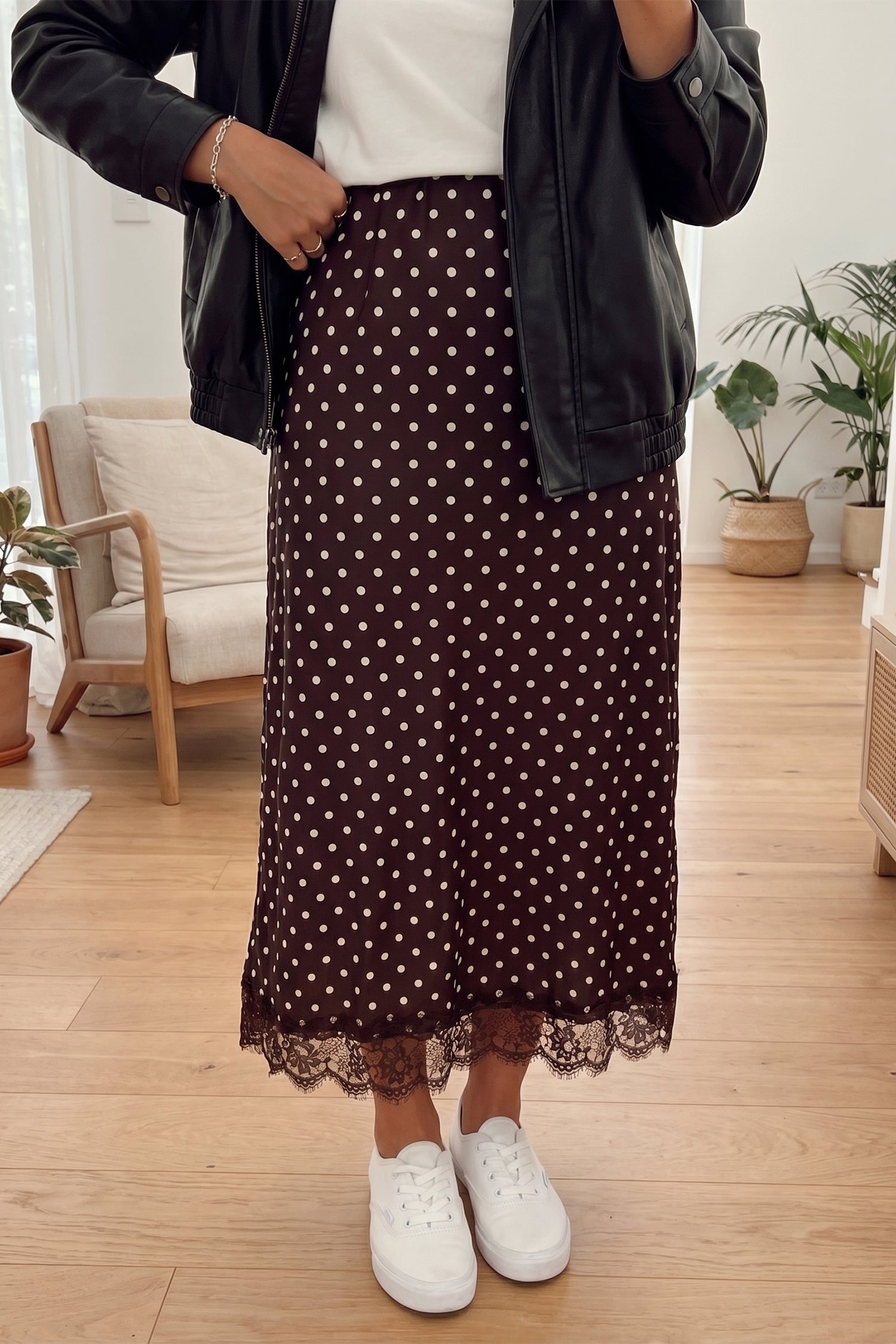 Polka Dot Lace Hem Elegant Long Shift Skirt – Khaki