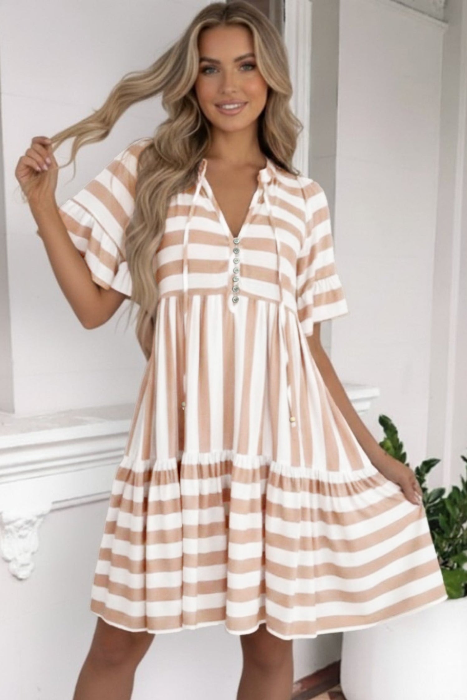 Khaki Stripe V Neck Ruffle Sleeve Flared Summer Dress