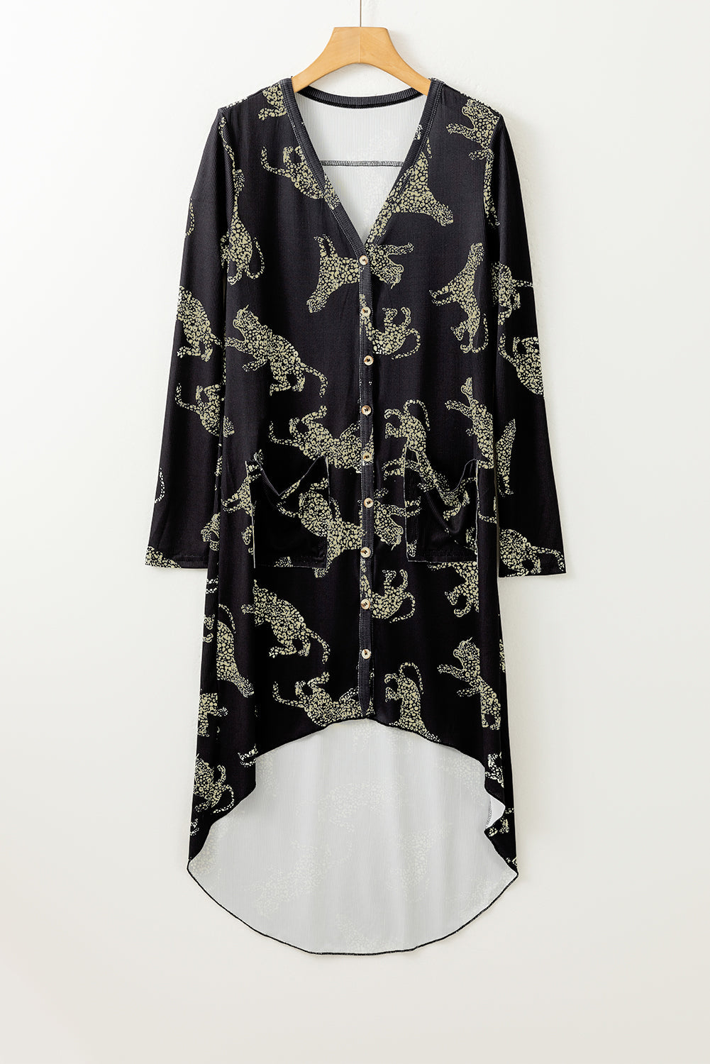Black Printed Animal Print Ribbed Knit Cardigan eAura