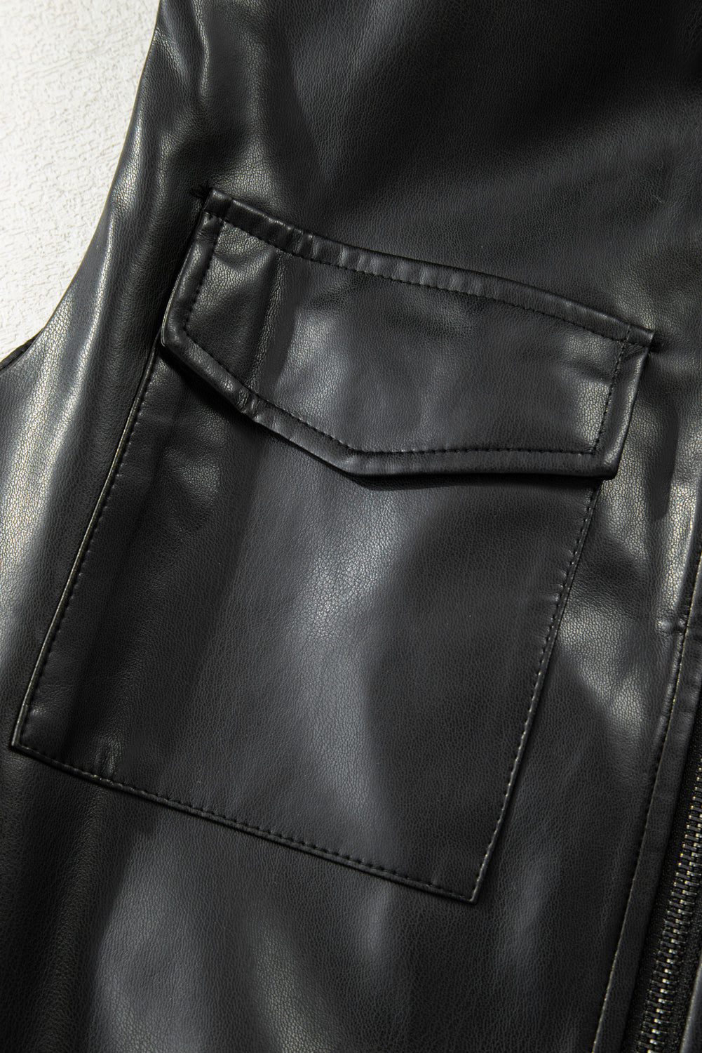 Black Double Flap Pocket Faux Leather Zip Up Stand Neck Vest eAura