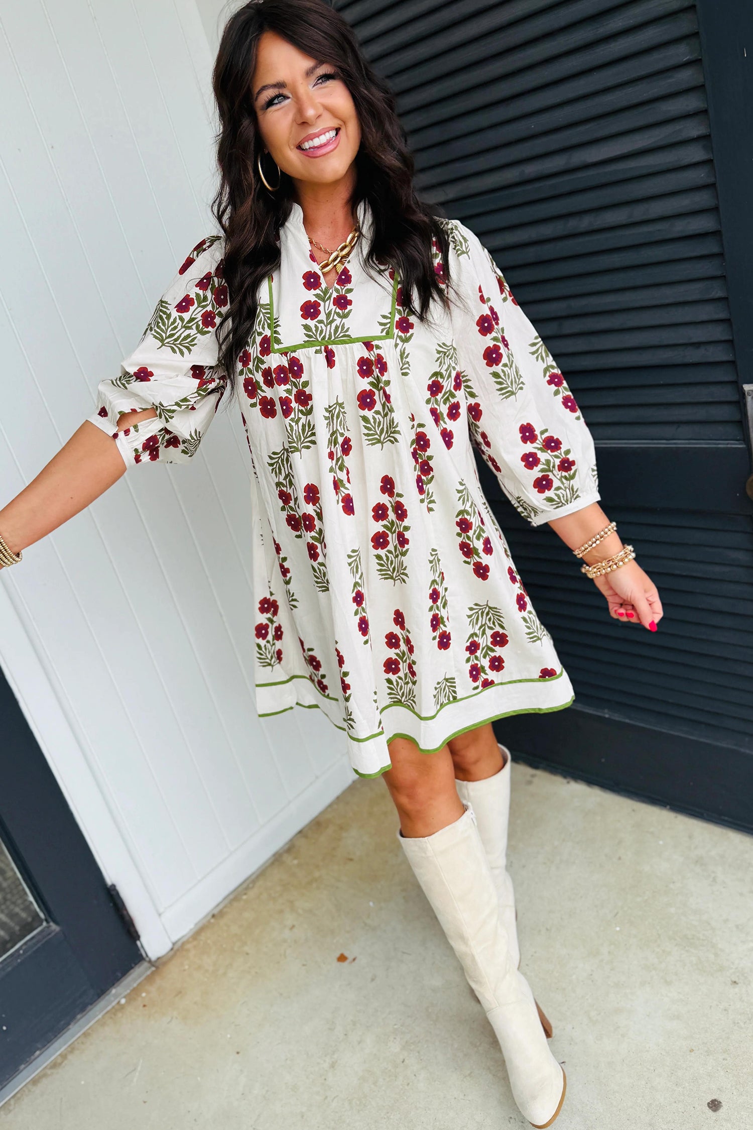 White Frilled V-Neck 3/4 Sleeve Loose Floral Dress