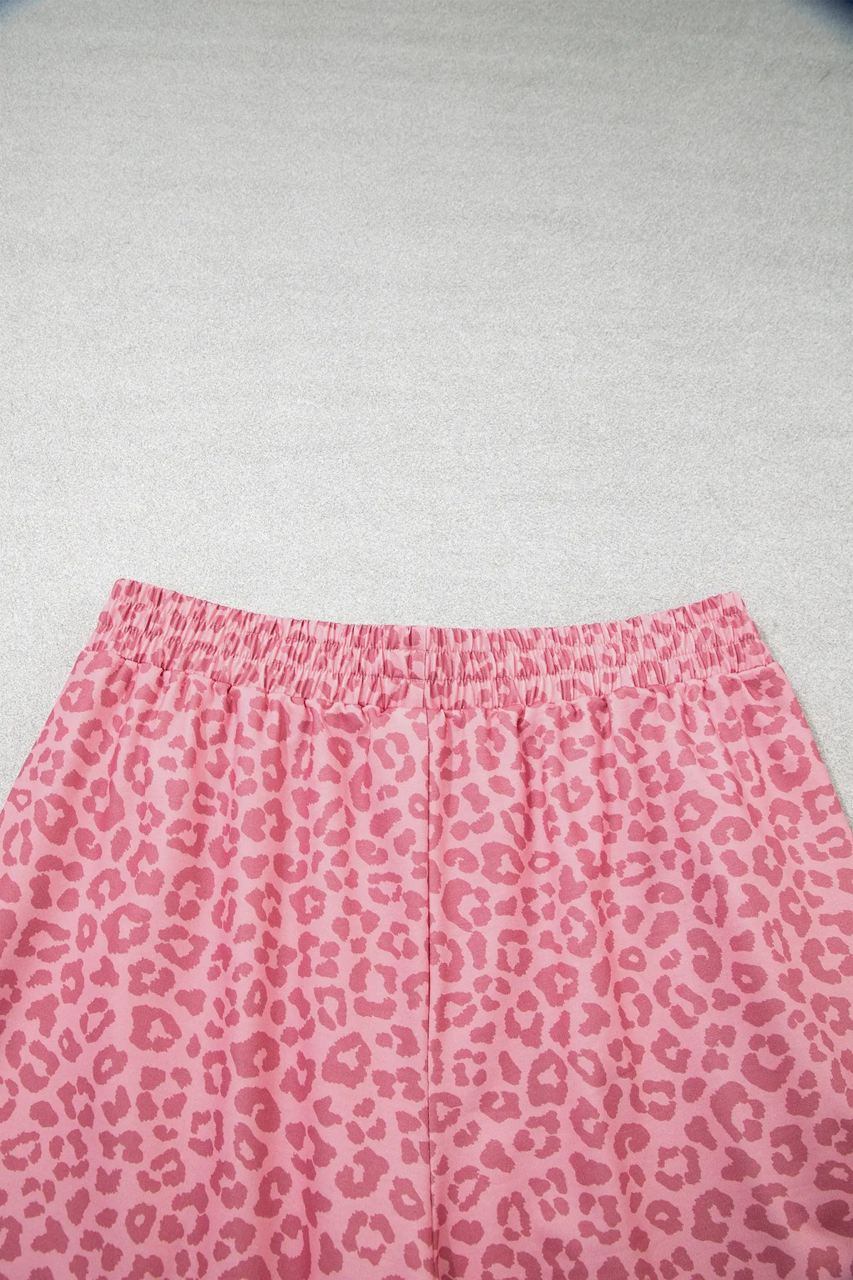 Leopard Print Varsity Striped Detail 3/4 Sleeve Top Shift Pant Set – Pink