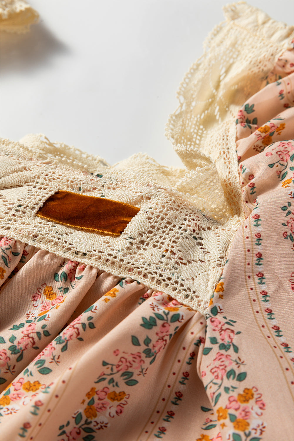 Floral Print Contrast Velvet Bow Lace Patchwork Long Sleeve Loose Mini Dress - eAura