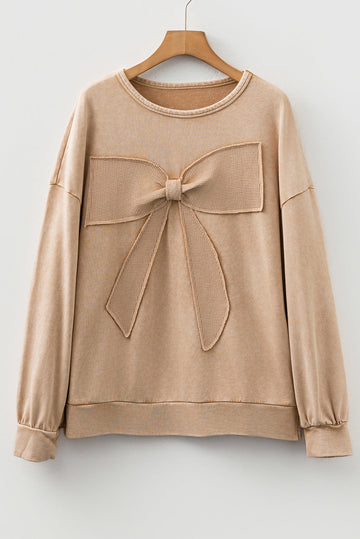 Mineral Wash Big Bow Patchwork Pullover Sweatshirt - Tops/Sweatshirts & Hoodies