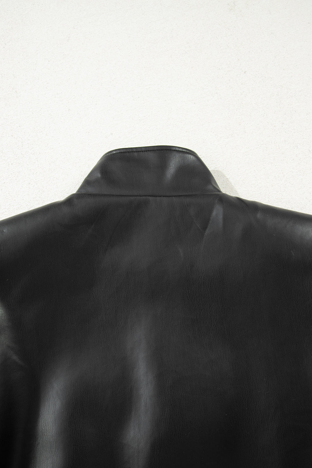 Black Double Flap Pocket Faux Leather Zip Up Stand Neck Vest eAura