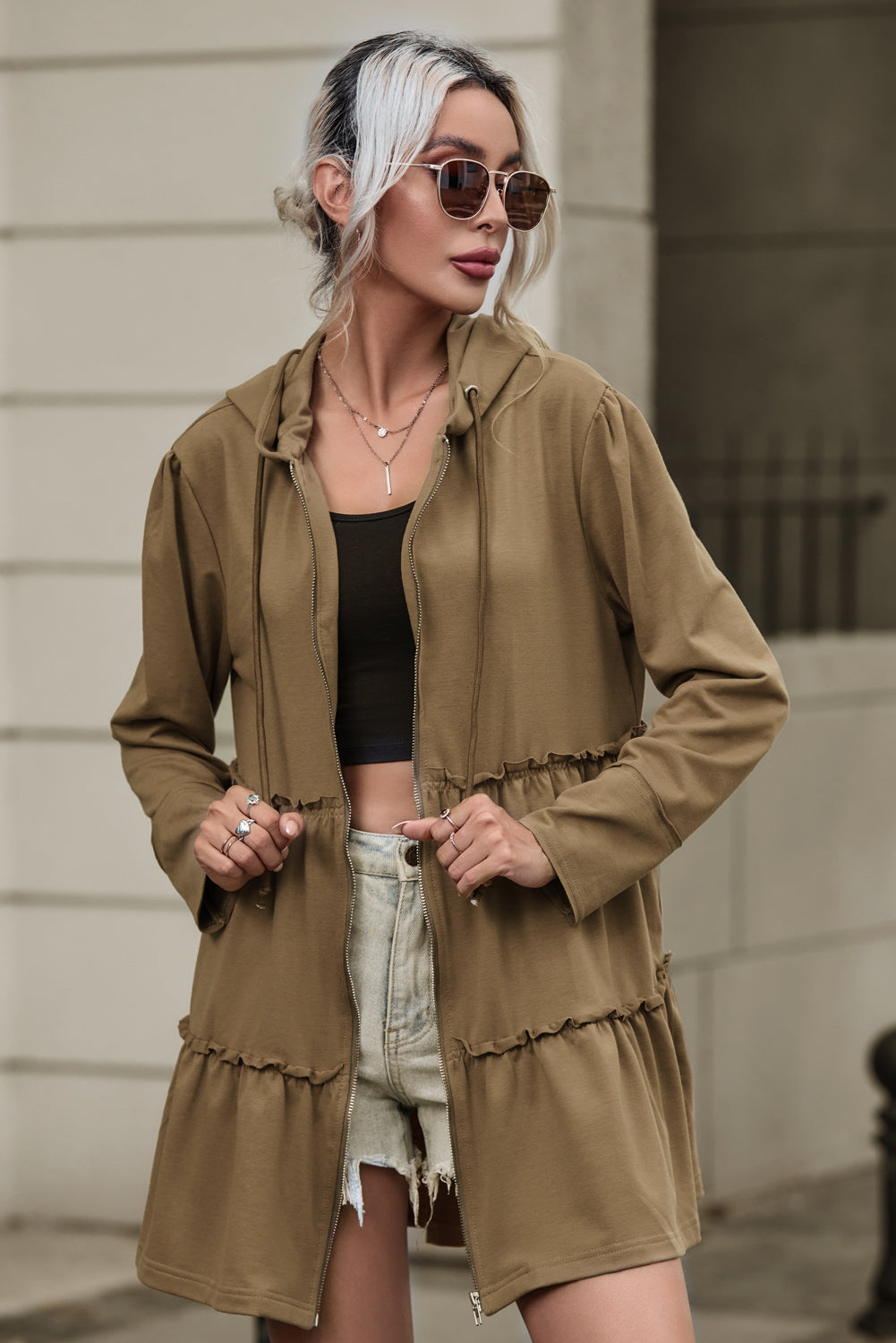 Khaki Tiered Ruffled Zip-Up Drawstring Hooded Jacket eAura
