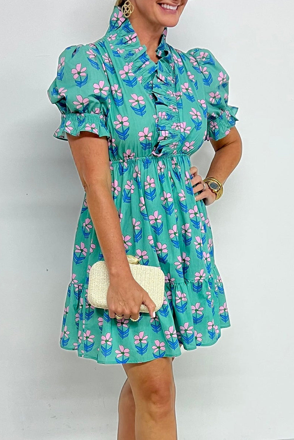 Green Floral Print Frilly Smocked Detail Mini Dress Dear-Lover Dropshipping