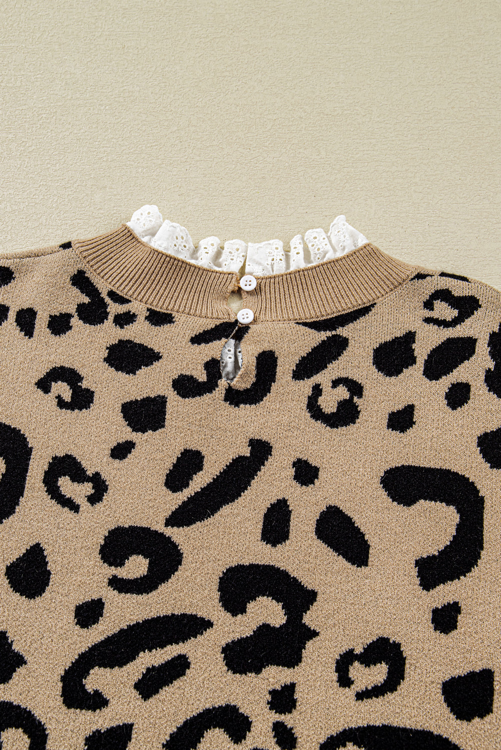 Brown Leopard Knit Lacy Trim Cuffed Plus Size Sweater - eAura