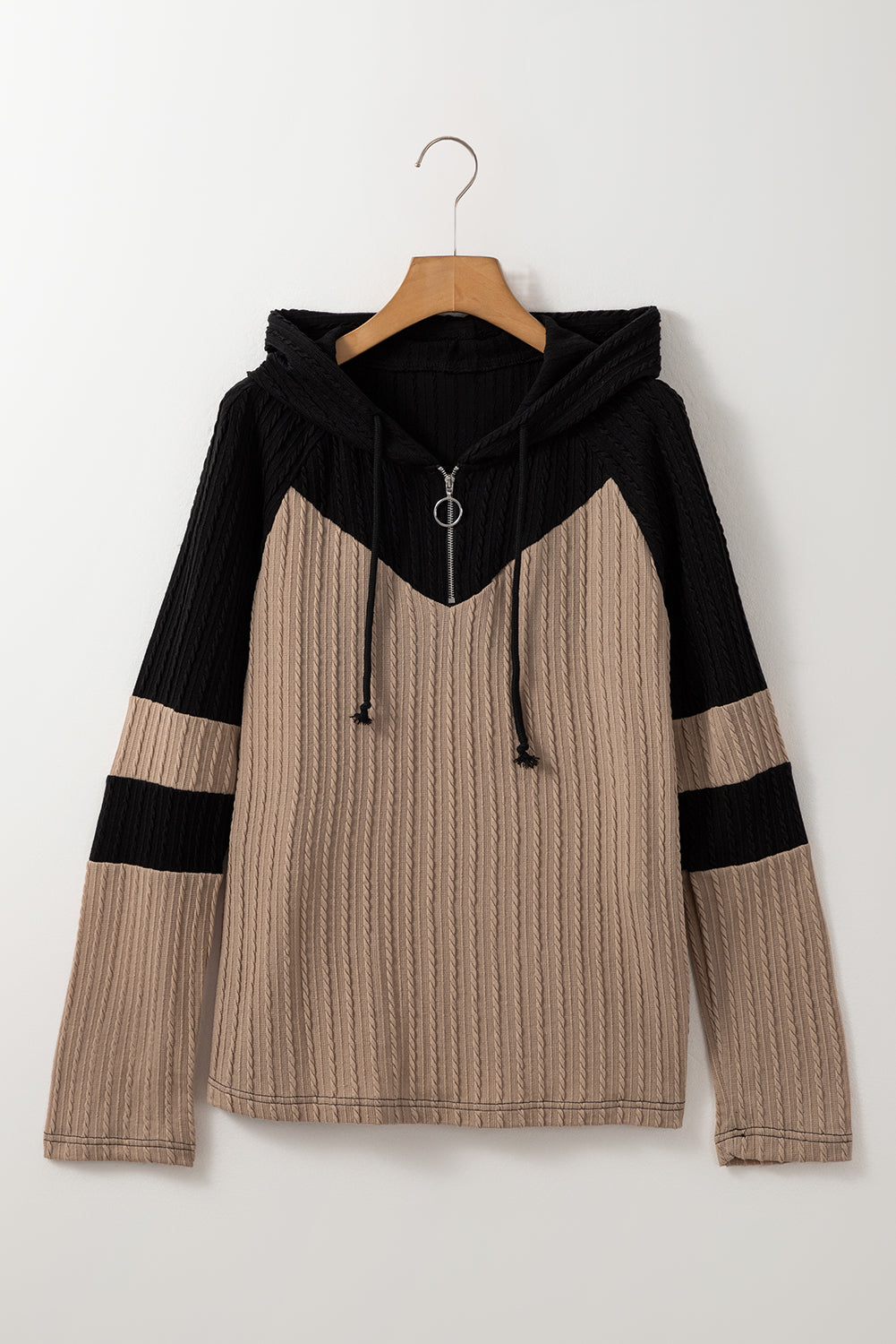 Parchment Textured Colourblock Long Sleeve Quarter Zip Drawstring Hooded Top eAura