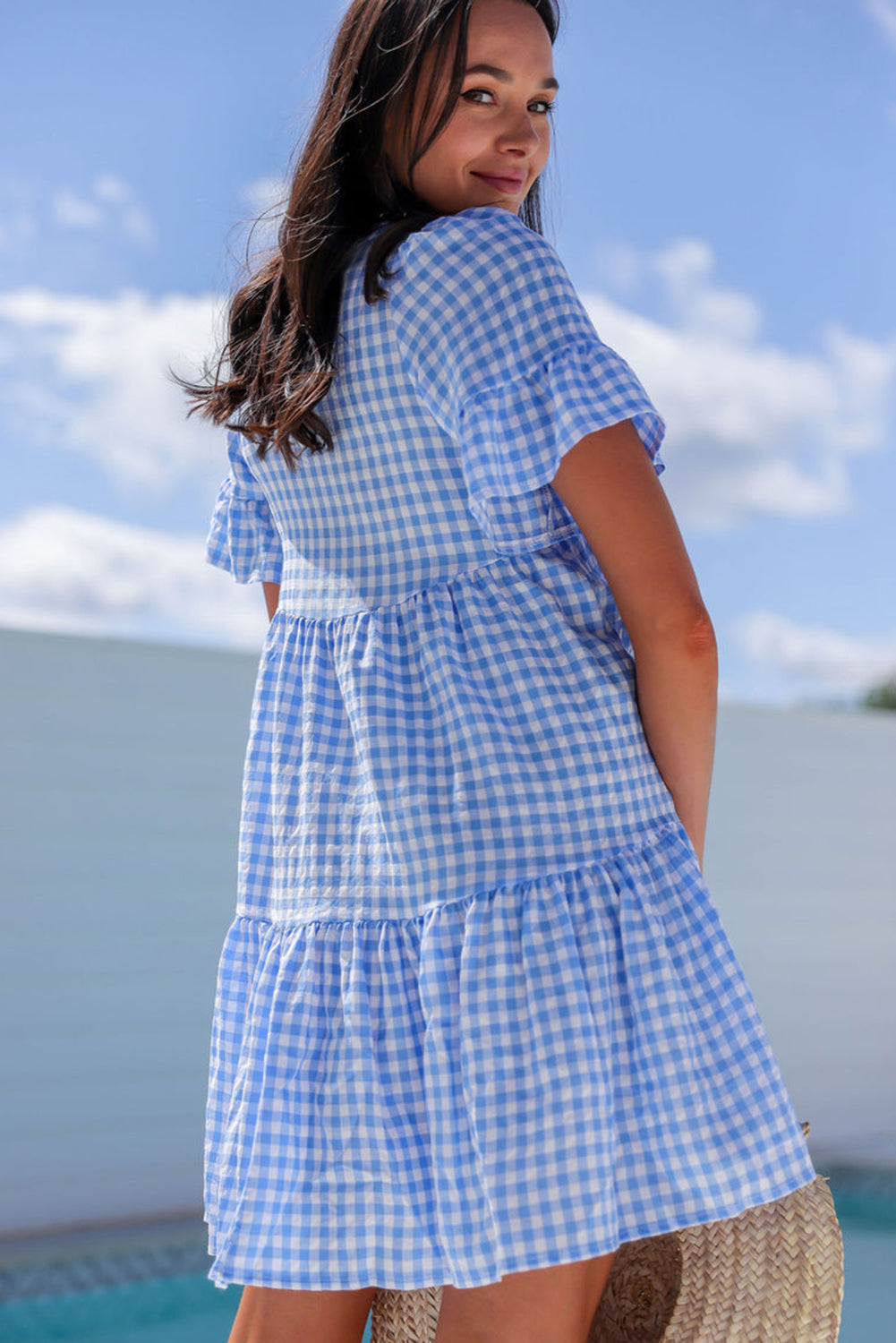Sky Blue Gingham Short Sleeve Button Tie Split Neck Loose Mini Dress eAura