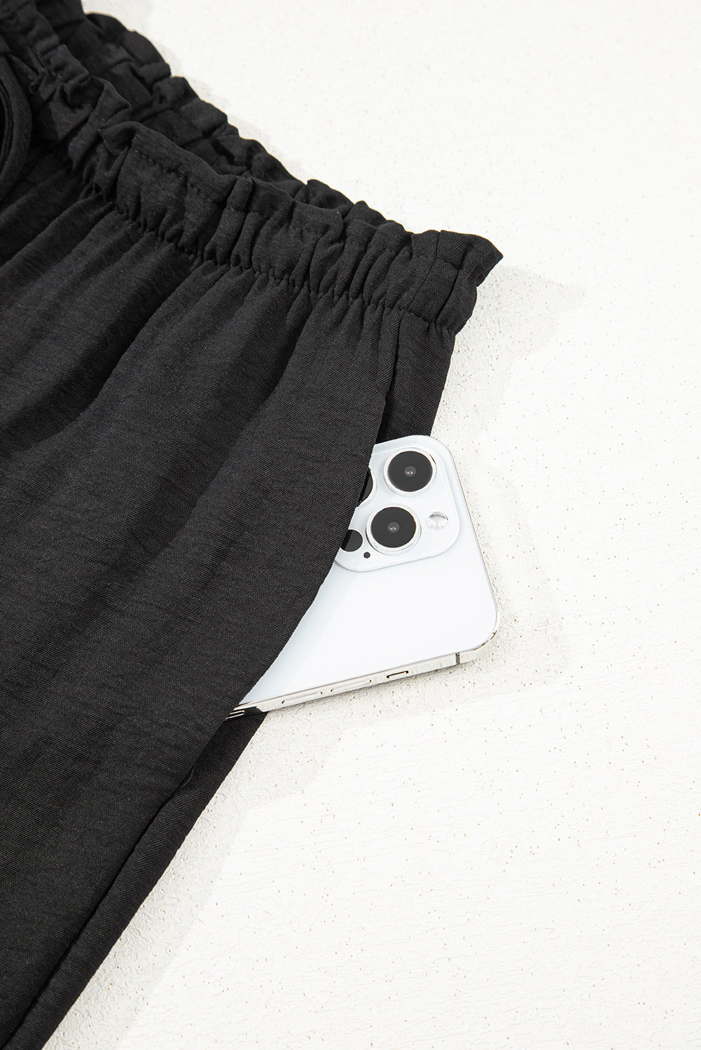 Black Drawstring Frilled Waist Wide Leg Utility Trousers Lightweight eAura