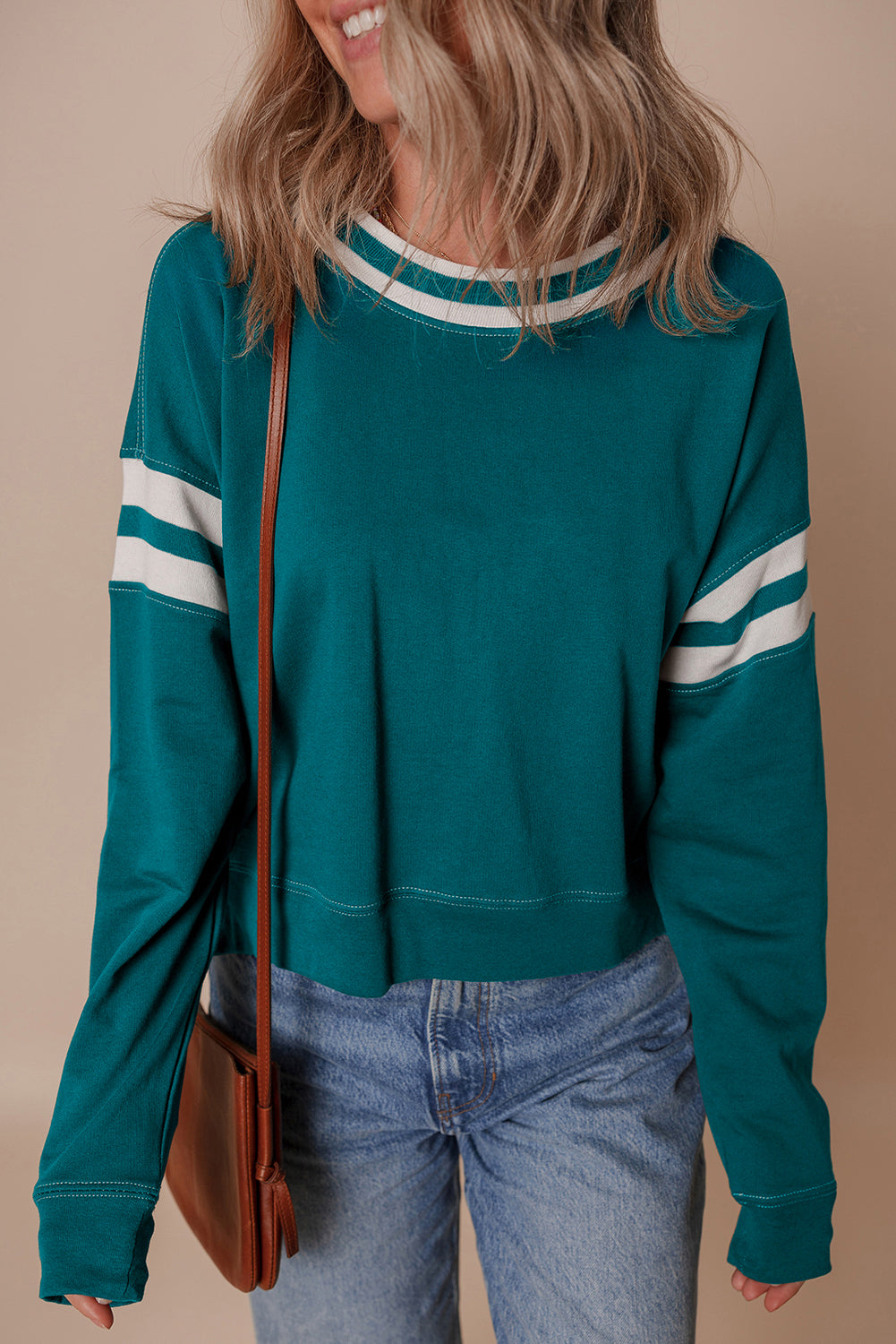 Green Contrast Striped Patchwork Drop Shoulder Sweatshirt - eAura