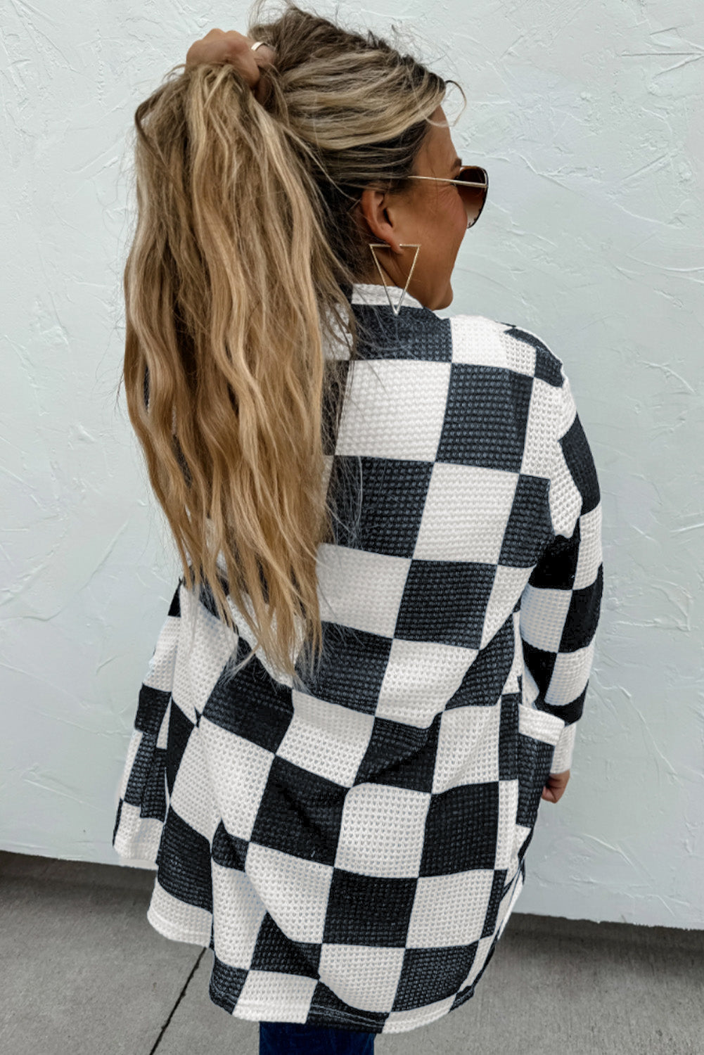 Black Checkered Waffle Knit Thumbhole Open Front Cardigan eAura