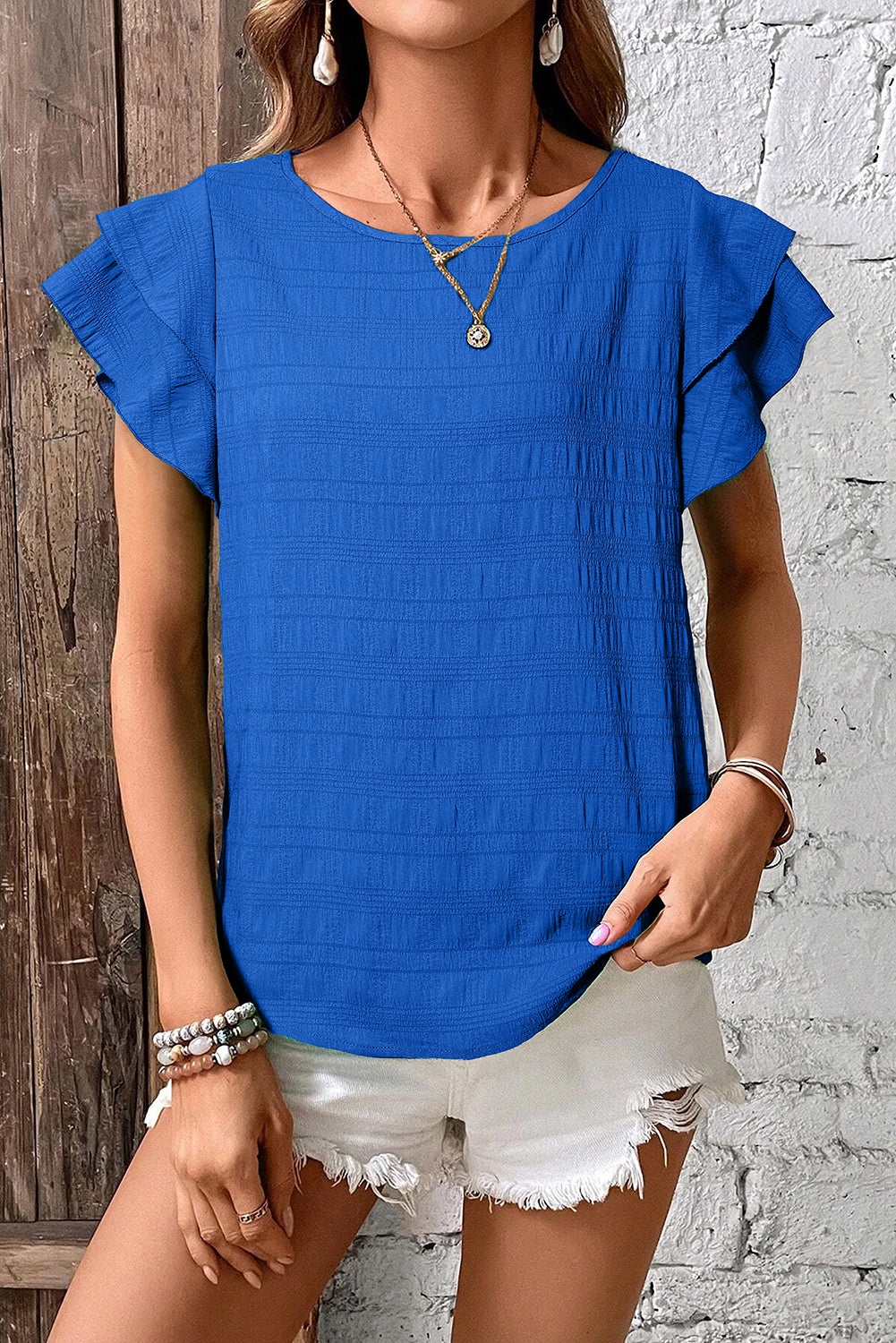 Dark Blue Textured Ruffled Sleeve Round Neck Top BB Fashion Outlet