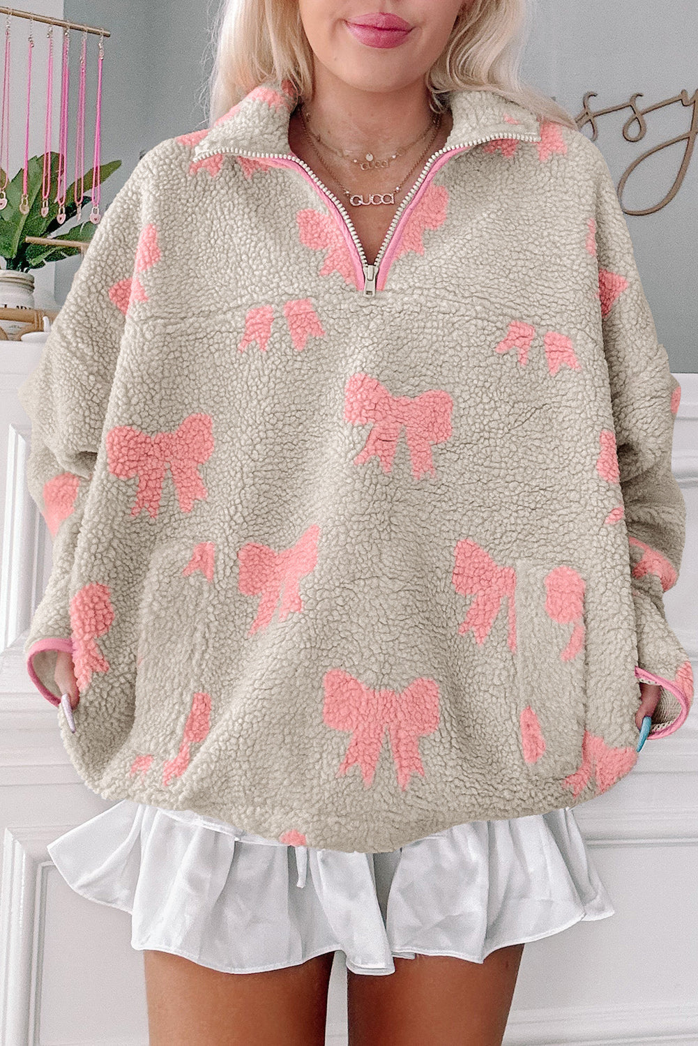 Grey Bow Sherpa Quarter Zip Drop Shoulder Baggy Sweatshirt - eAura