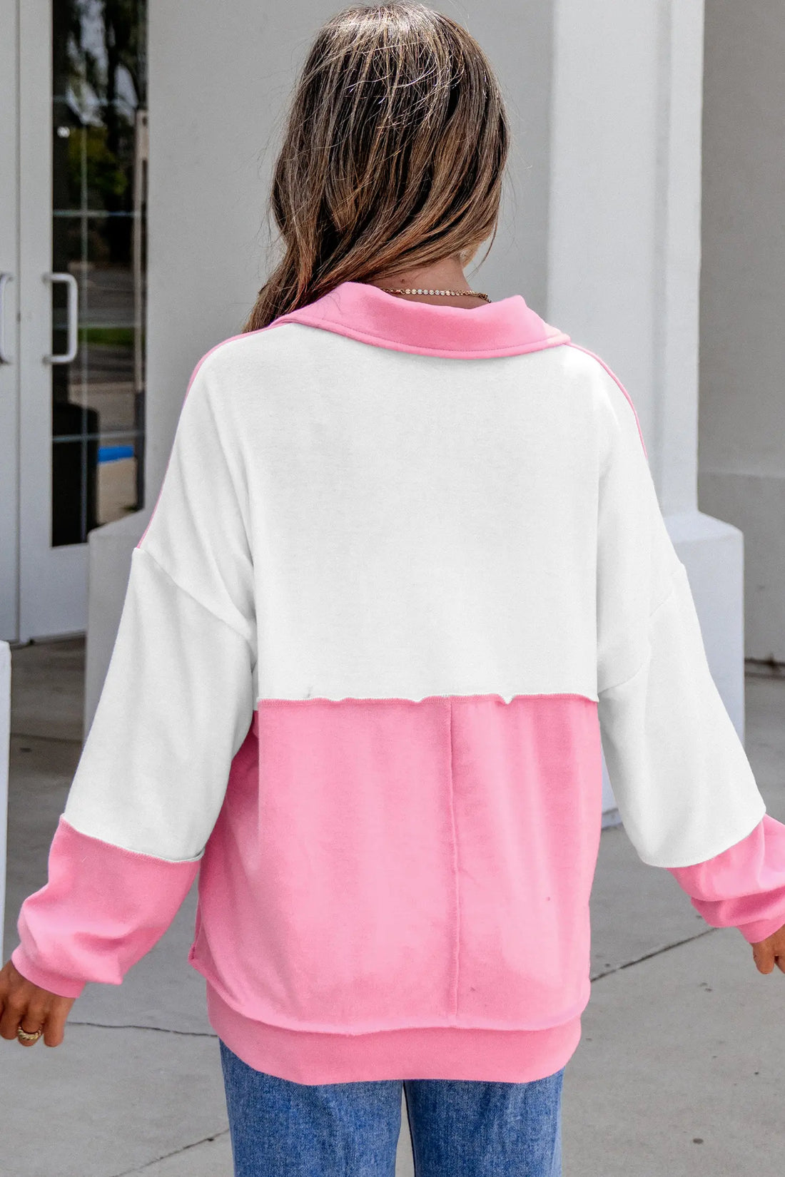 Colour Block Ricrac Trim Patchwork Collar V Neck Long Sleeve Top – Rose Red