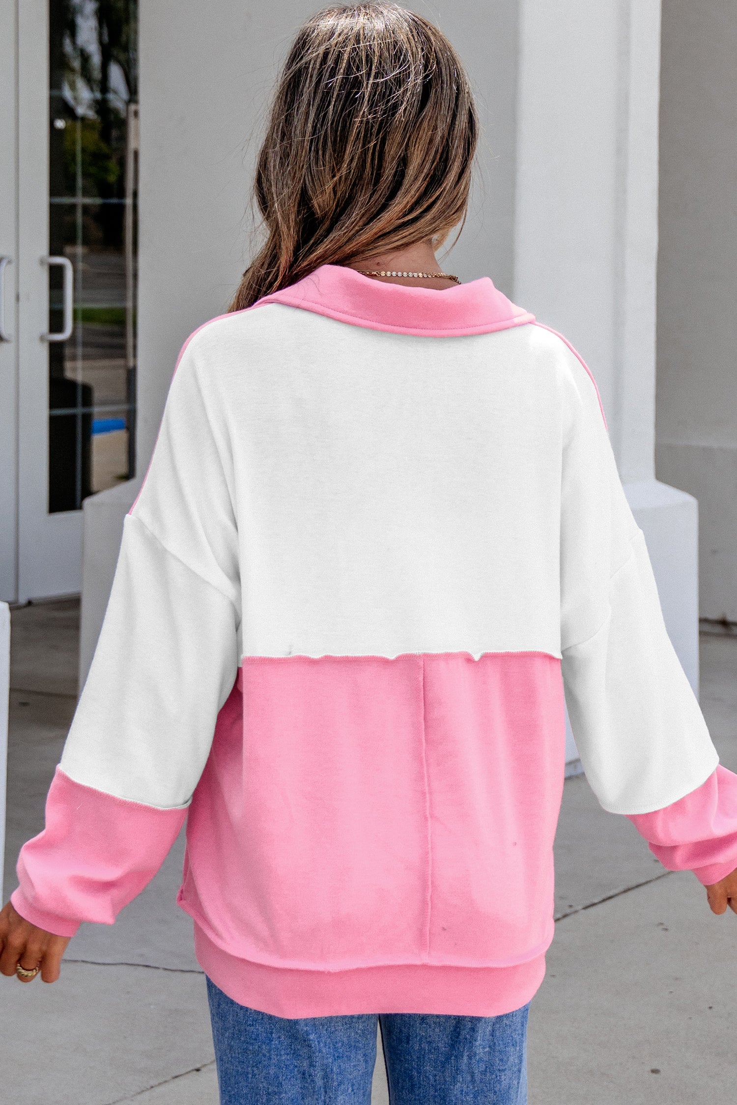 Color Block Ricrac Trim Patchwork Collar V Neck Long Sleeve Top – Rose Red