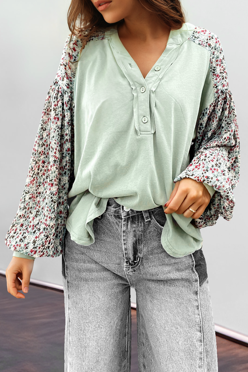 Contrast Printed Bubble Sleeve Henley Loose Top with Slits eAura