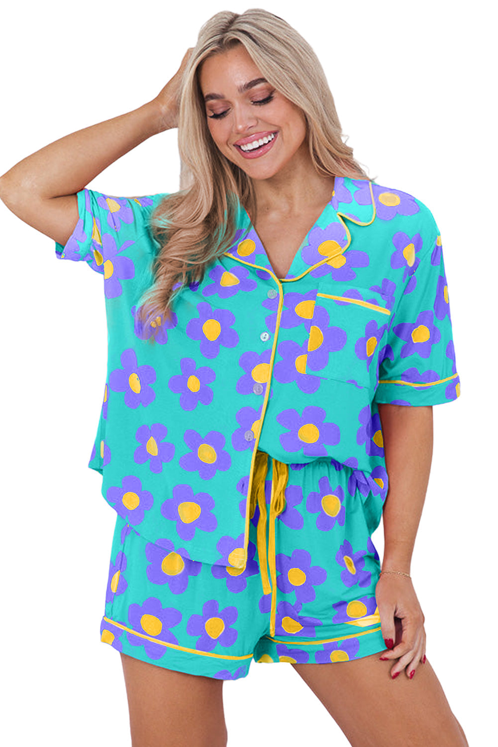 Green Flower Print Short Sleeve Shirt Pyjamas Set eAura