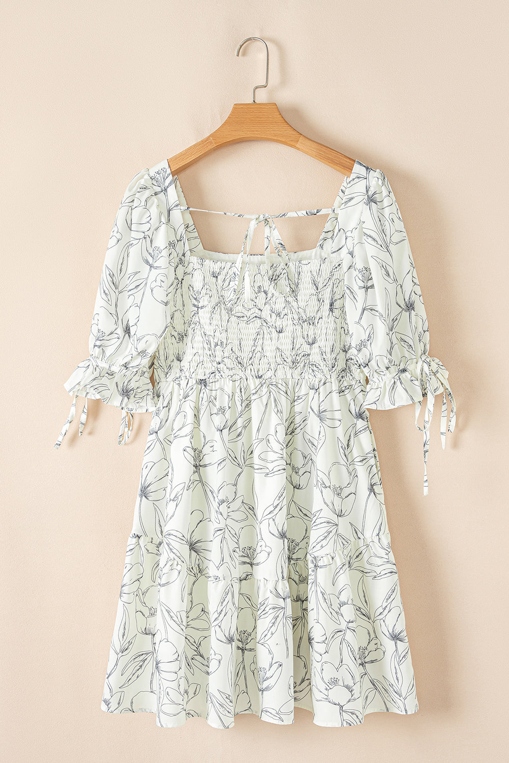 Beige Floral Print Square Neck Shirred Back Puff Sleeve Mini Dress eAura