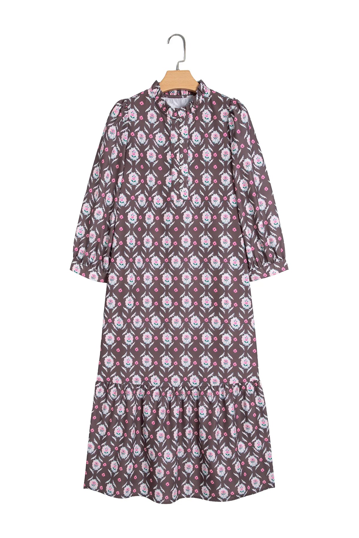 Floral Print Button Front Ruffle Hem Midi Dress – Brown