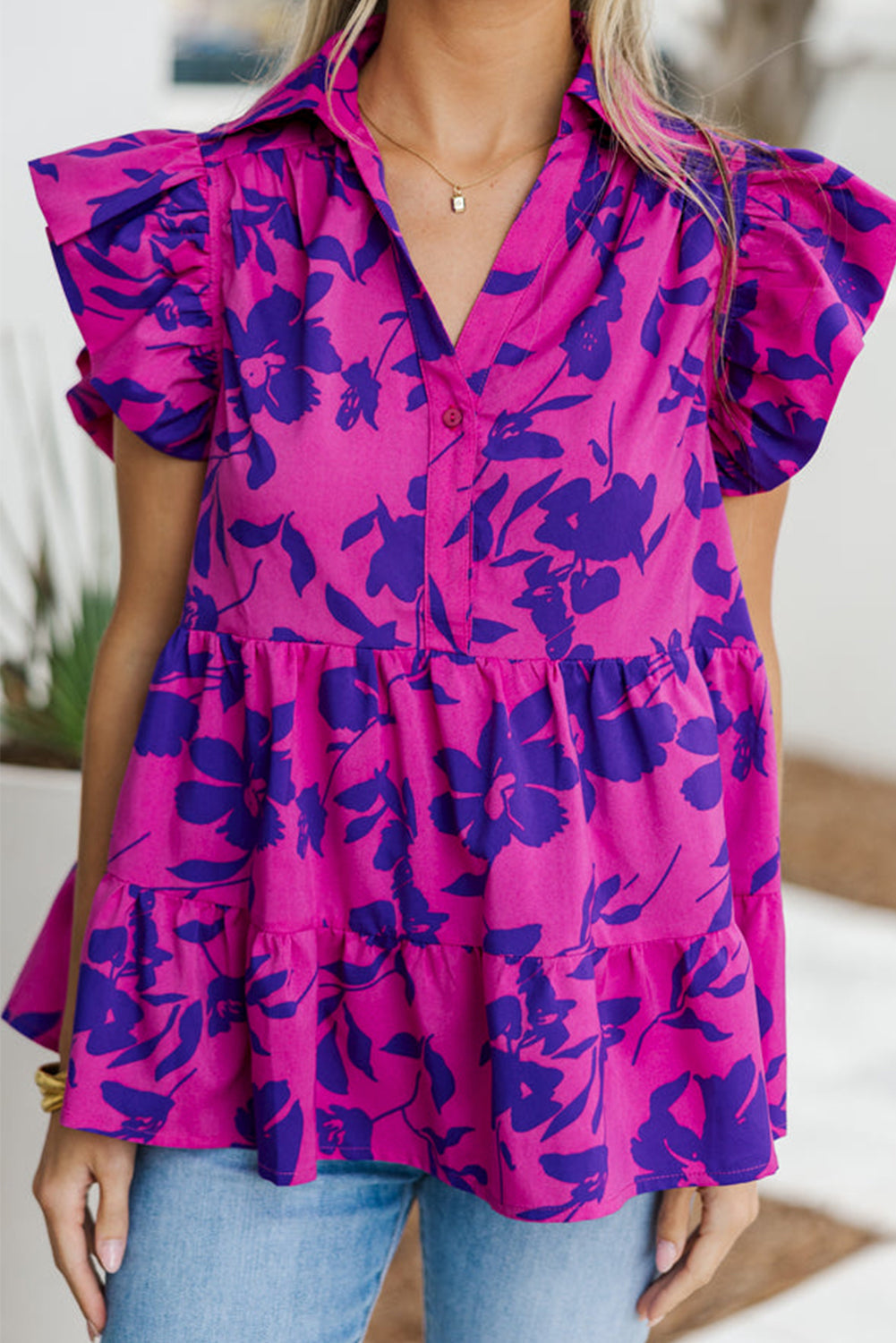 Rose Floral Print Collared Button Neckline Flutter Sleeve Blouse eAura