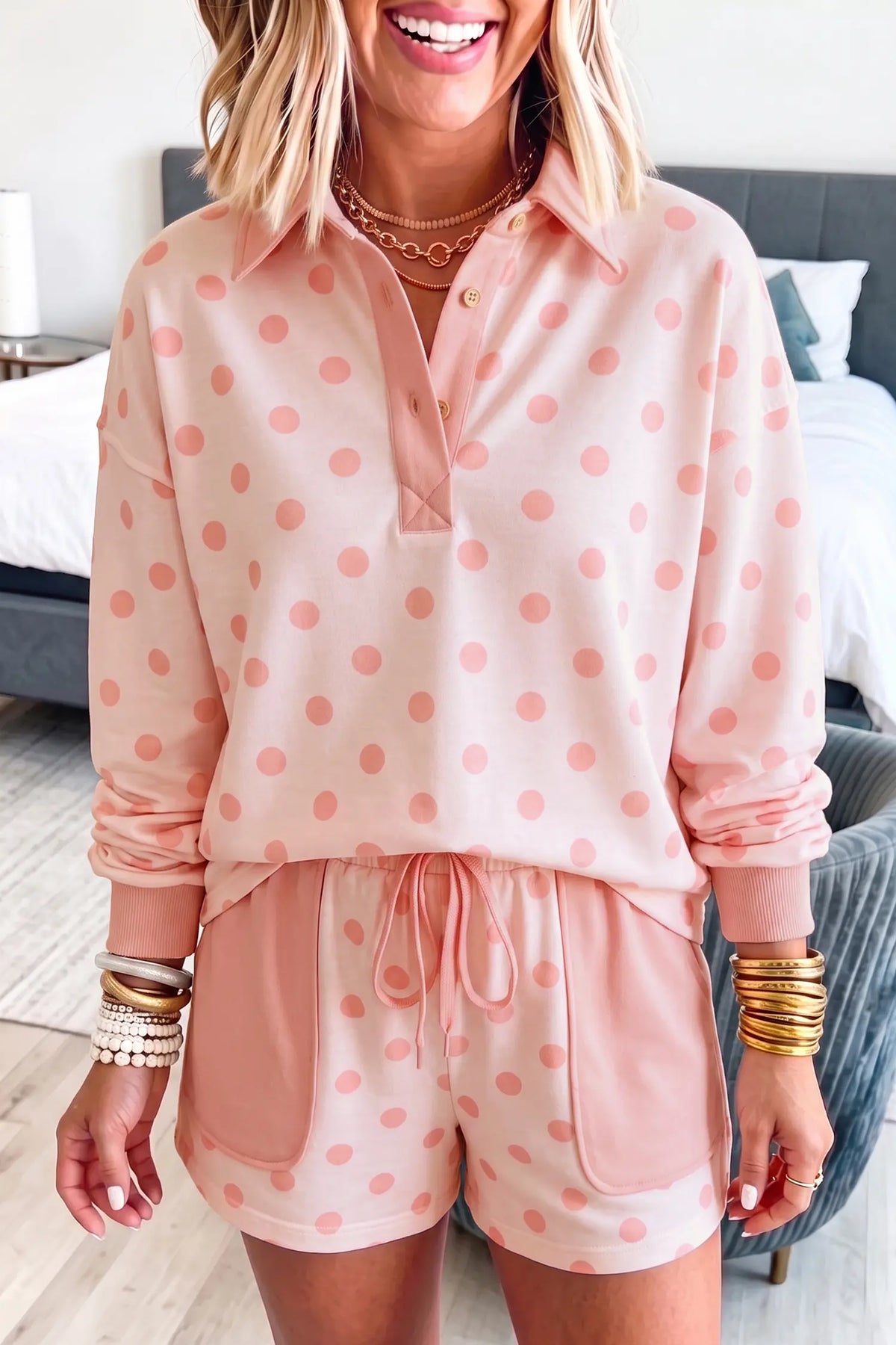 Polka Dot Drop Shoulder Polo Loose Pullover Patch Pocket Casual Shorts Set – Pink