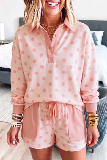 Polka Dot Drop Shoulder Polo Loose Pullover Patch Pocket Casual Shorts Set – Pink