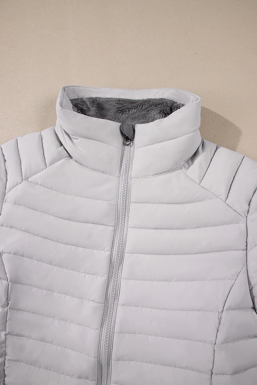Silvery Solid Colour Quilted Zip-up Puffer Jacket Beagle Boutique Fashion Outlet