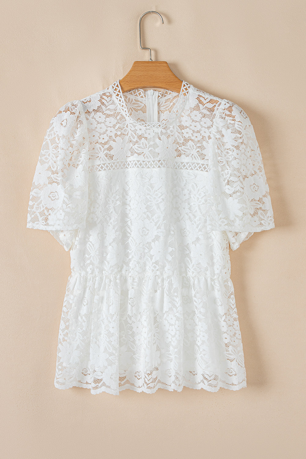 White Short Sleeve Scalloped Floral Lace Peplum Blouse eAura