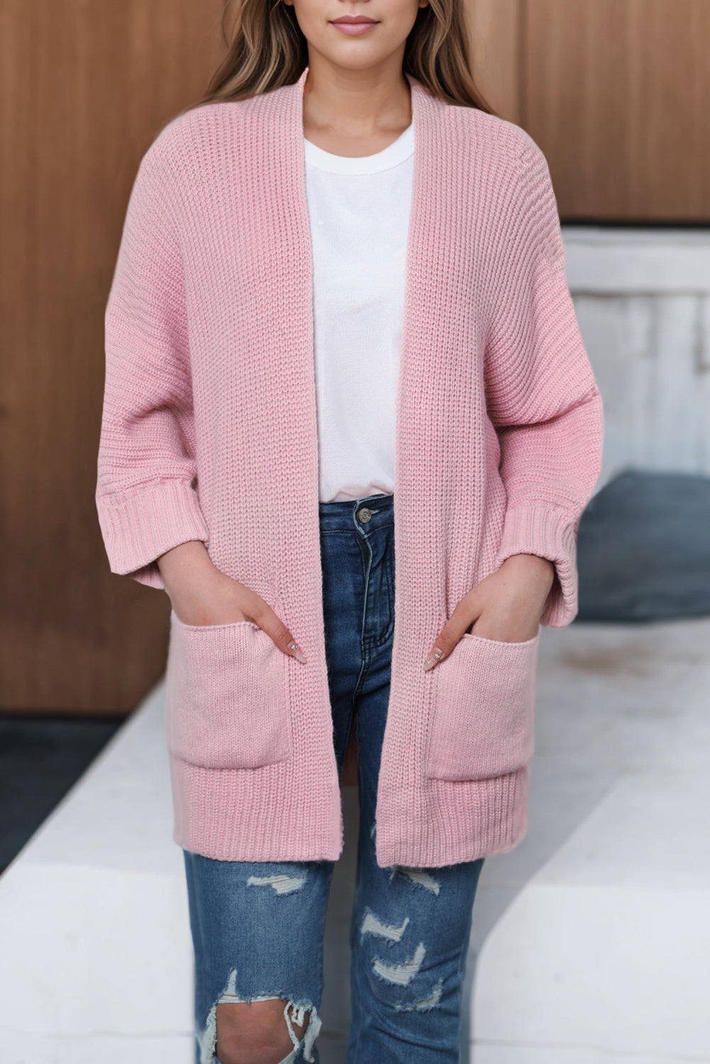 Pink Oversized Fold Over Sleeve Open Front Cardigan eAura
