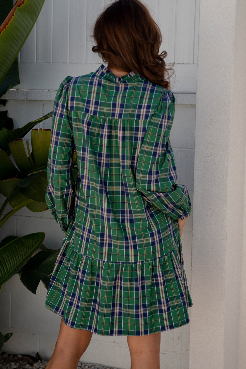 Plaid Print Frilly Collar Long Sleeve Shift Mini Dress - eAura