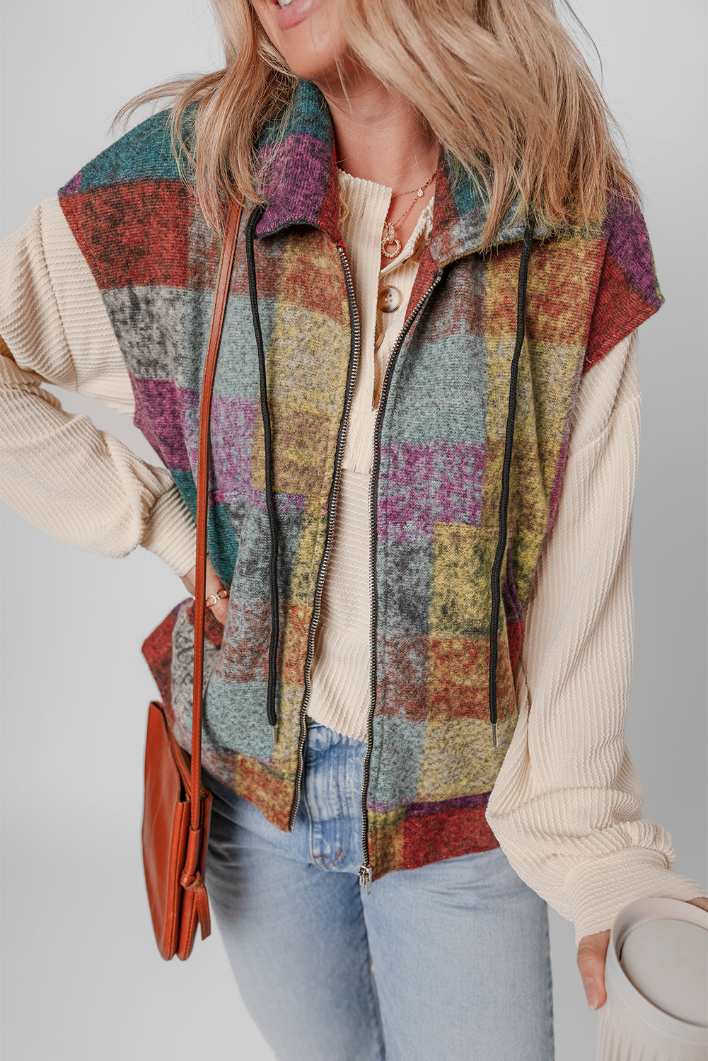 Multicolour Plaid Print Loose Sleeveless Jacket eAura