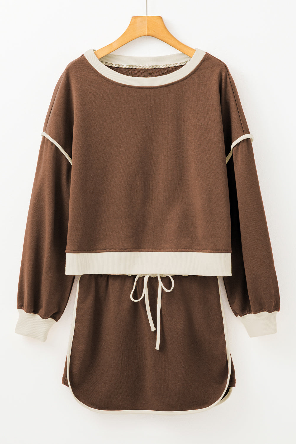 Coffee Colour Contrast Loose Pullover and Lace-up Waist Skort Set eAura