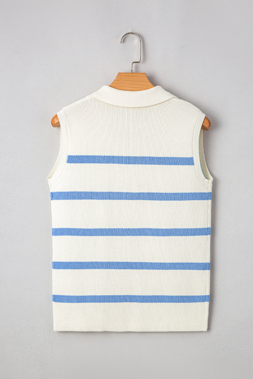 Blue Stripe Split V Neck Collared Ribbed Sleeveless Sweater eAura