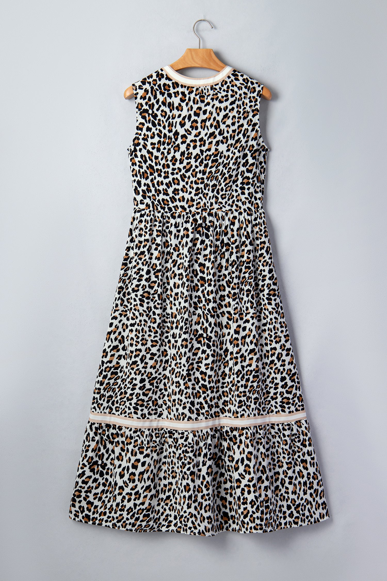 Leopard Print Colorblock Trim Sleeveless Midi Dress – White