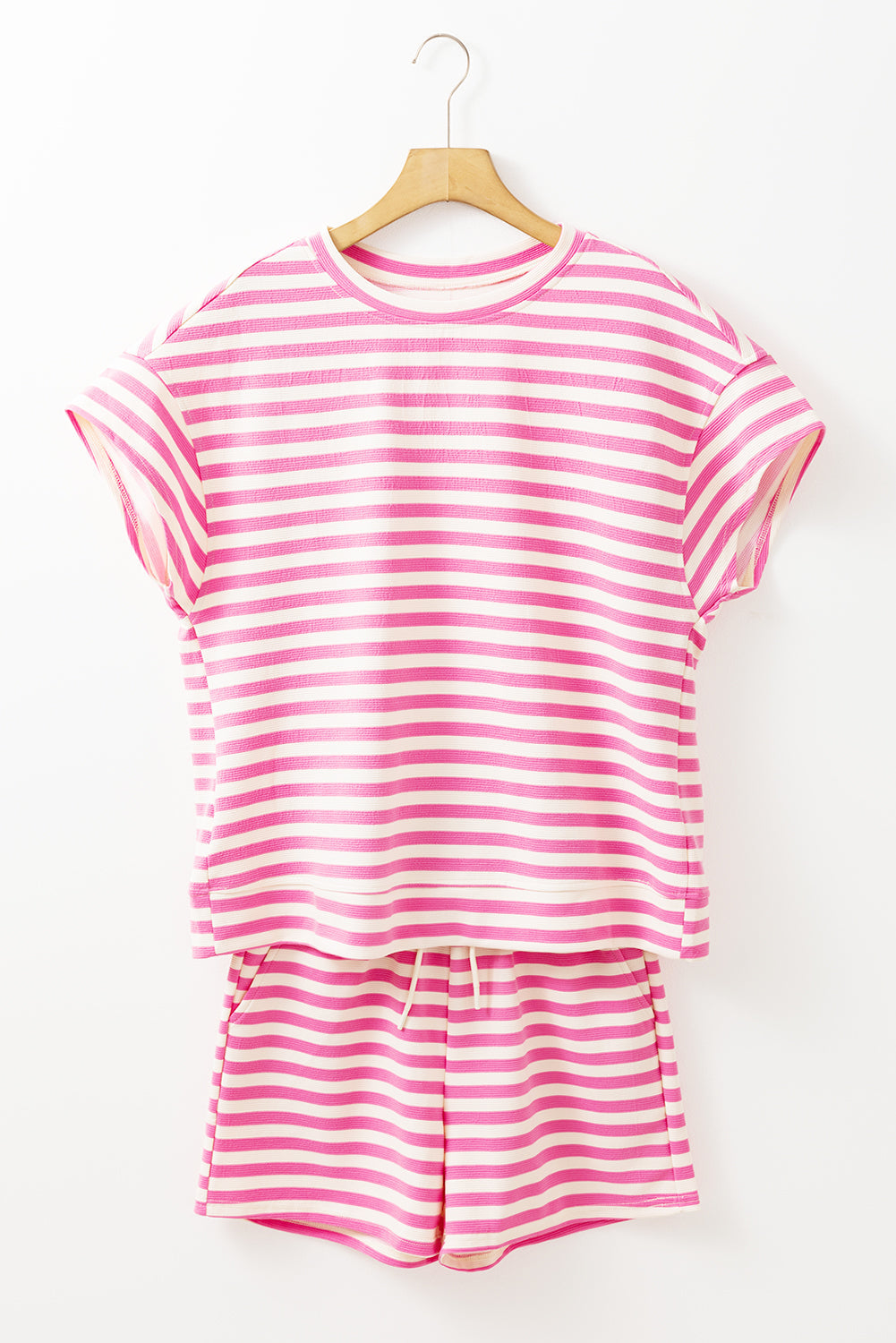 Rose Stripe Crew Neck T Shirt and Drawstring Shorts Set eAura