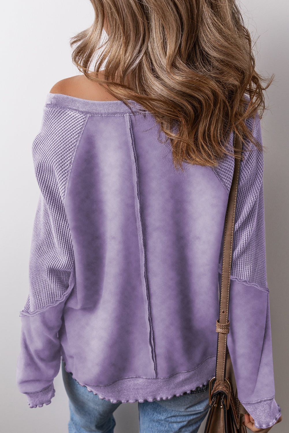 Black Solid Waffle Knit Patchwork Raglan Sleeve Sweatshirt Dear-Lover Dropshipping