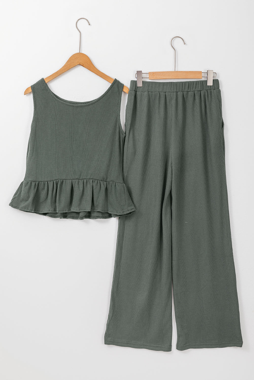 Duffel Green Solid Colour Ribbed Ruffle Tank Top and Trousers Set eAura
