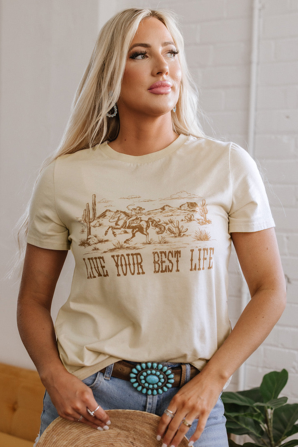 Beige LIVE YOUR BEST LIFE Crew Neck Western Graphic Tee eAura