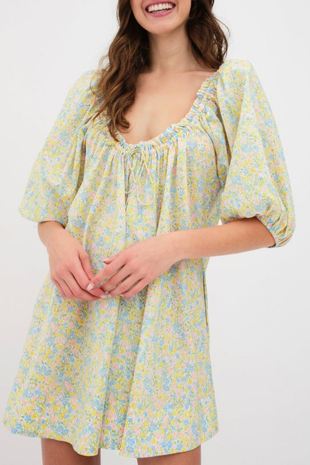 Green Floral Half Sleeve Frilled U Neck A-line Short Dress eAura
