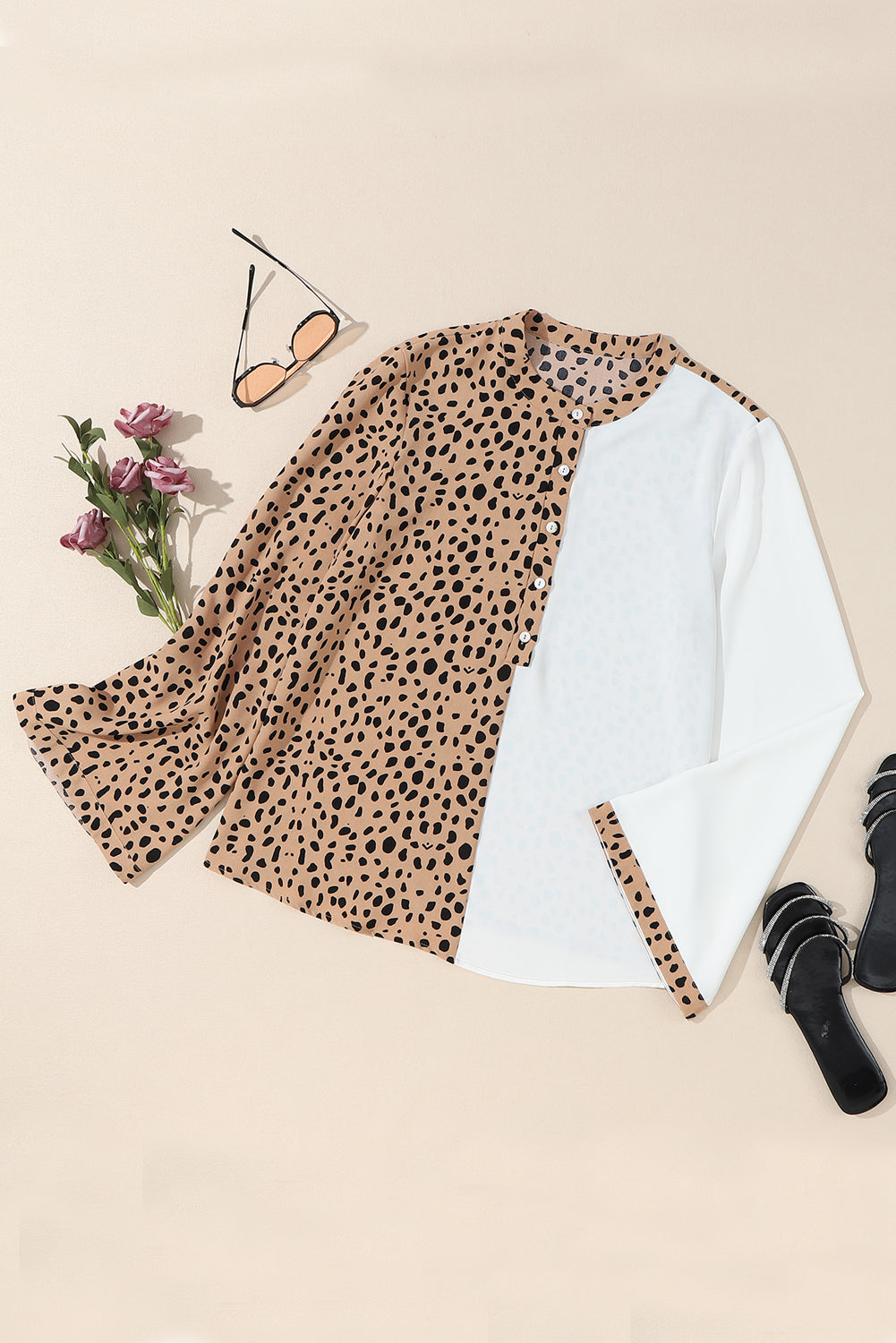 Khaki Leopard Contrast Half Button Casual Blouse eAura