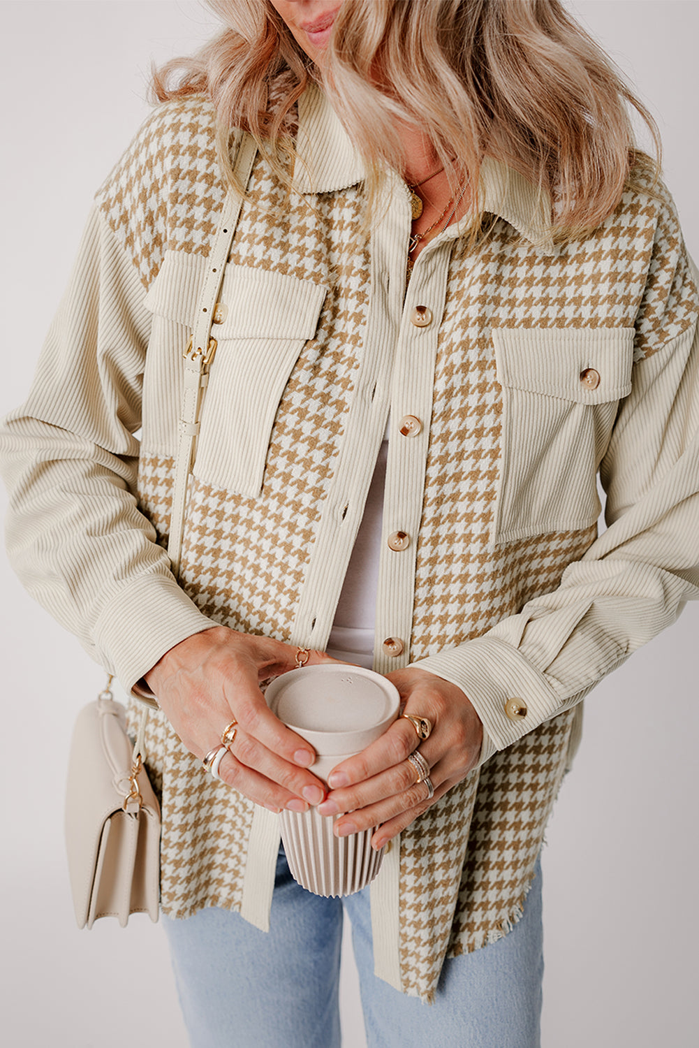 Parchment Houndstooth Corduroy Patchwork Flap Pocket Shacket Beagle Boutique Fashion Outlet