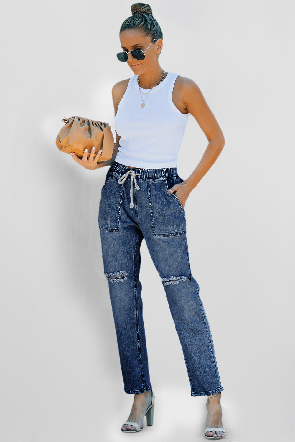 Distressed Pocketed Denim Jogger – Blue