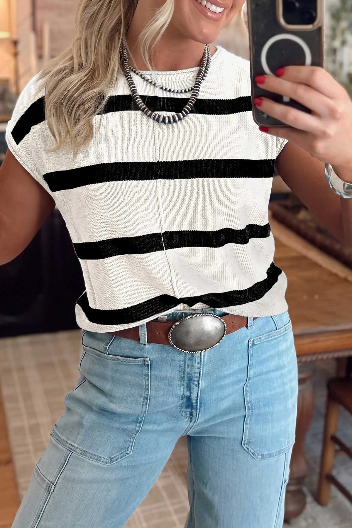 Knit Western Short Sleeve Sweater – Brown Stripe