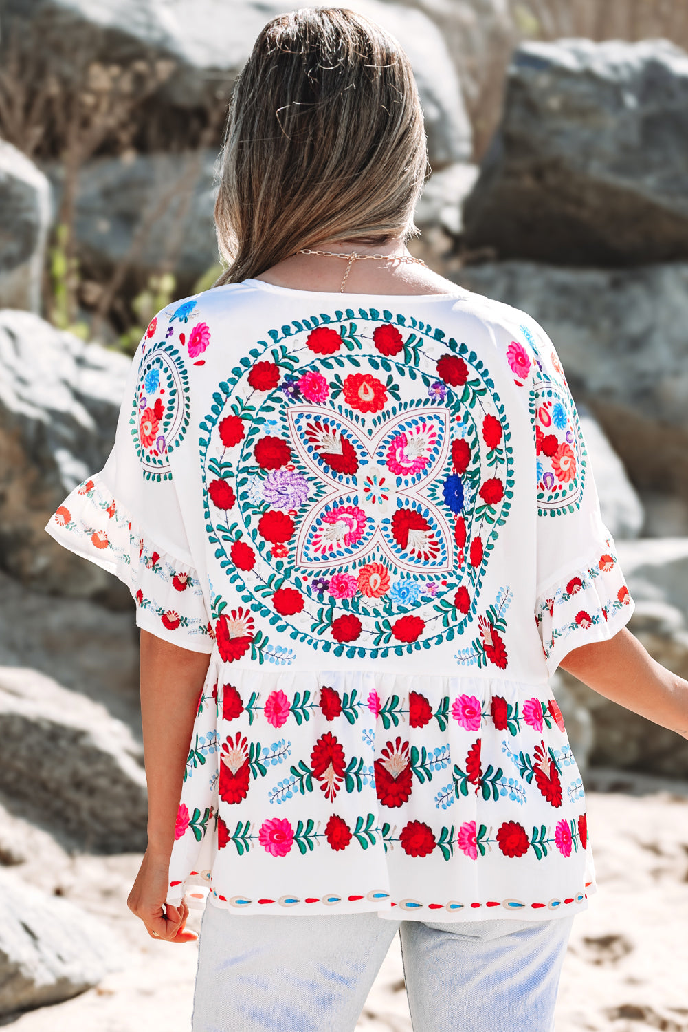 White Boho Floral Print Round Neck Ruffle Trim Blouse eAura