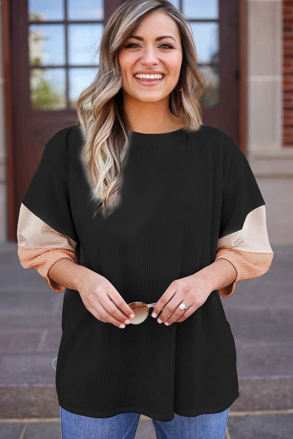 Light Pink Colour Block Ribbed Knit Quarter Sleeve Top - eAura