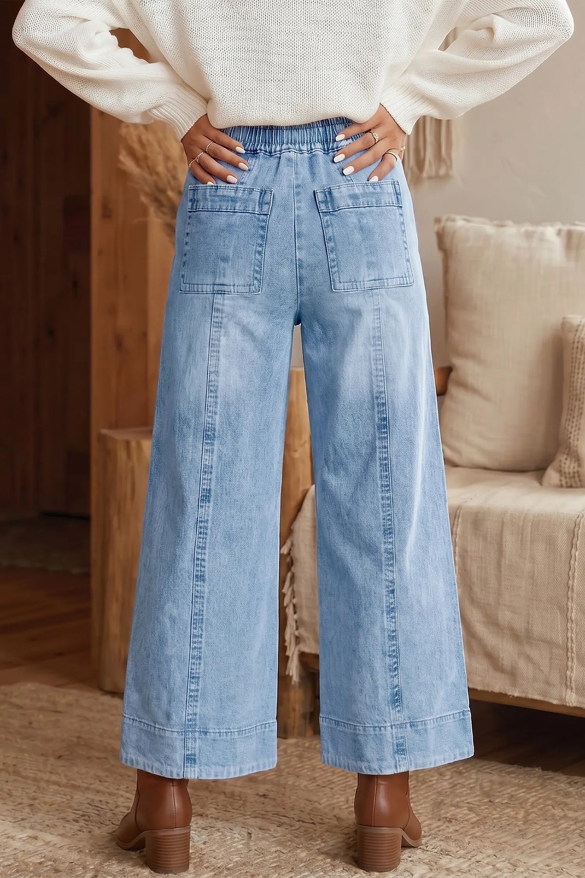Beau Drawstring Waist Wide Leg Ankle Length Jeans