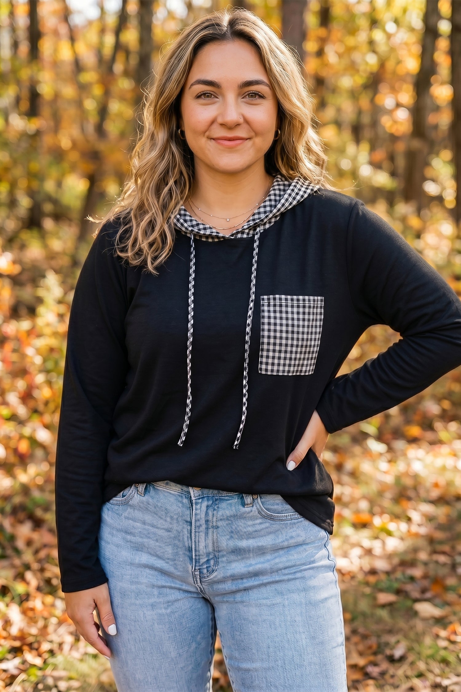 Hooded Gingham Paneling Chest Patch Pocket Long Sleeve Plus Size Blouse – Black